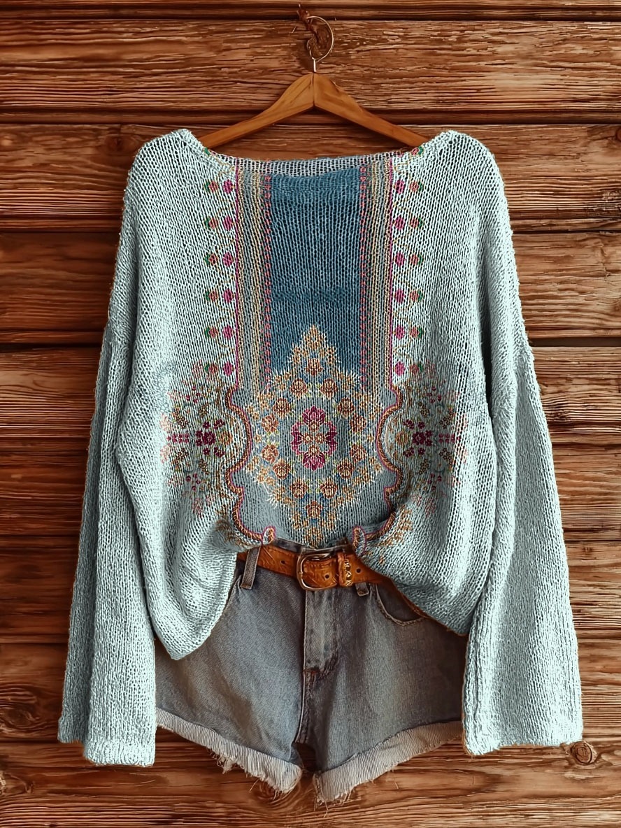 Women's Vintage Ethnic Embellished Patterns Art Printed Pockets V-Neck Cotton Dresses