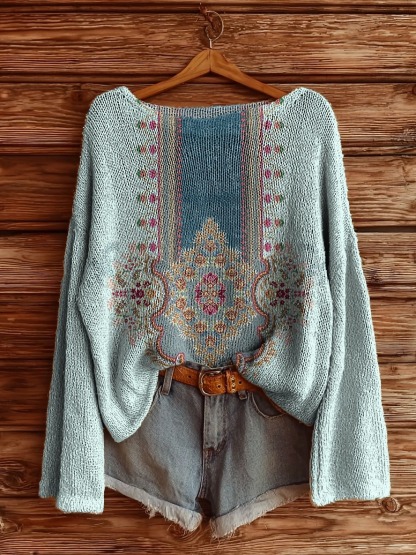 Women's Vintage Ethnic Embellished Patterns Art Printed Pockets V-Neck Cotton Dresses