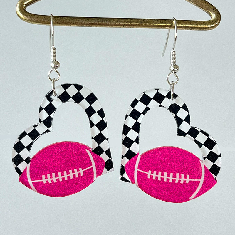 Women's jewelry | Pink Football Checkerboard Hollow Heart Earrings |Website-westernfeelings