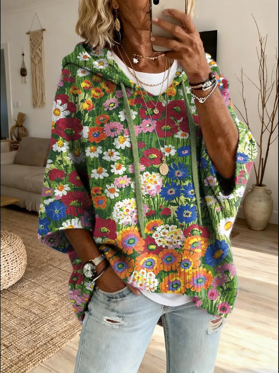 Women's Spring Floral Art Print Hooded Knit Sweater