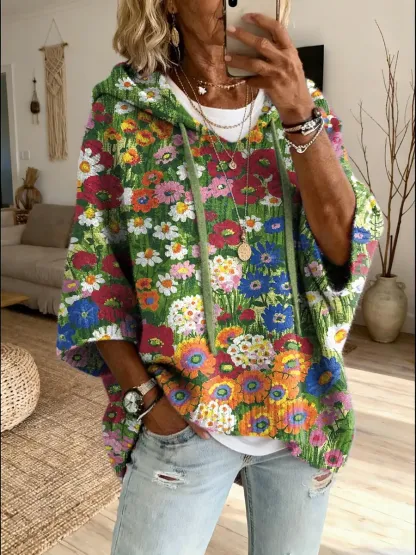 Women's Spring Floral Art Print Hooded Knit Sweater