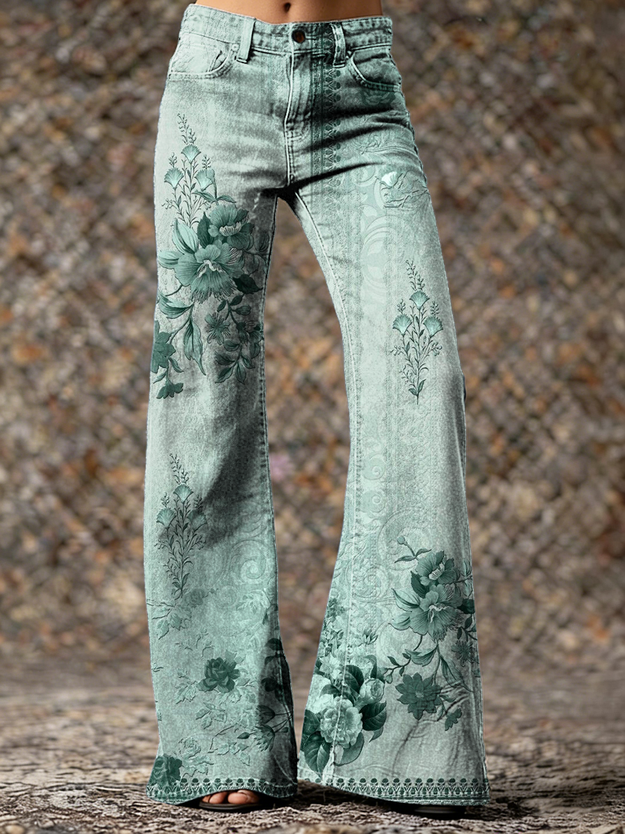 Womens Vintage Ethnic Cyan Floral Art Printed Casual Slim Denim Wide Leg Pants