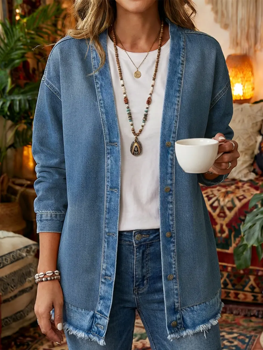 Women's Art Print Casual Long Sleeve Denim Shirt Coat