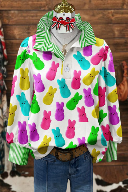Vintage Easter Bunny Print Puff Sleeve Blouse