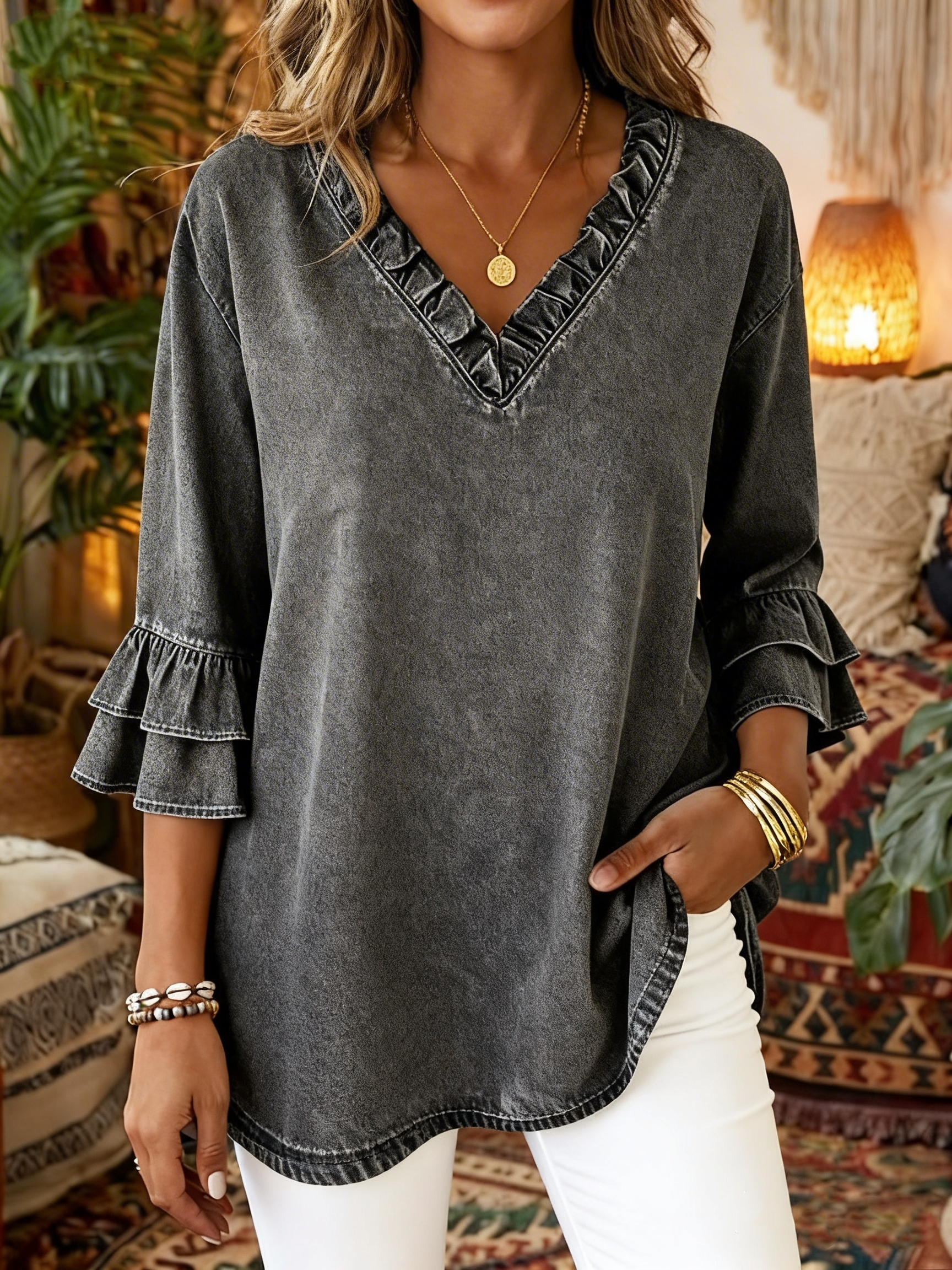 Women's Casual Ruffled Washed Cotton Denim Top