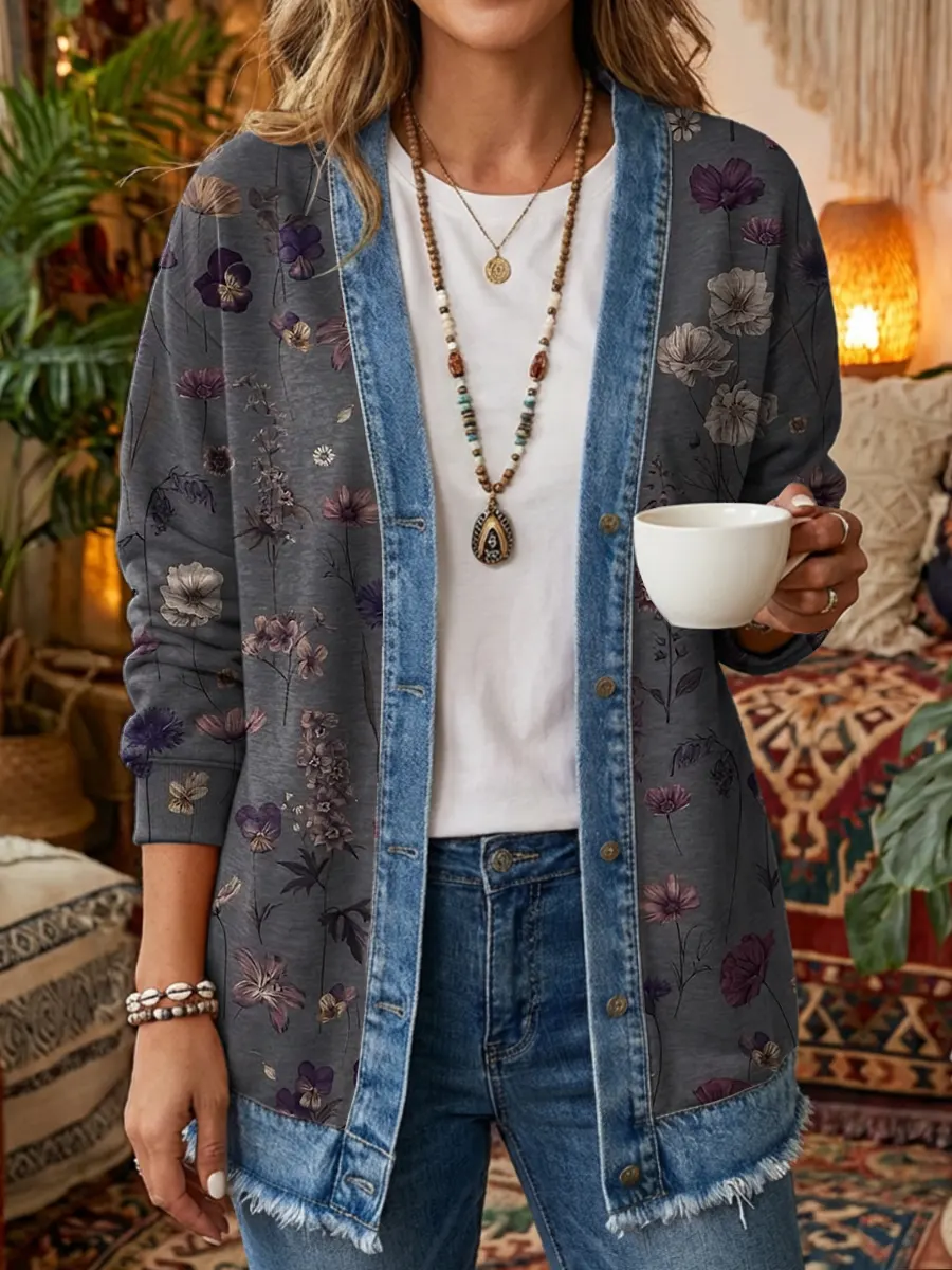 Vintage Ethnicity Flower Purple Women's Art Print Casual Long Sleeve Shirt Coat