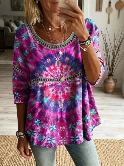 Women's Bohemian Retro Tie-dye Art Print Casual Round Neck Hollow Out Top