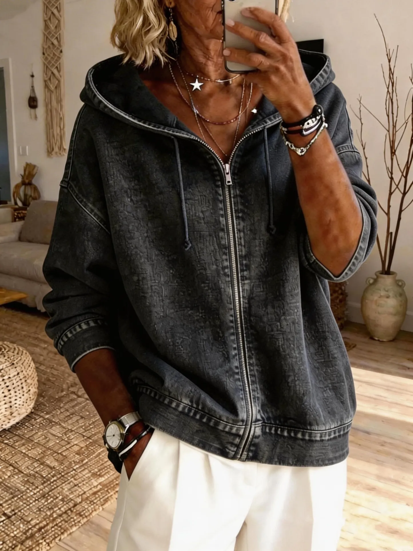 Women's Casual Long-sleeved Hooded Washed Cotton Denim Coat