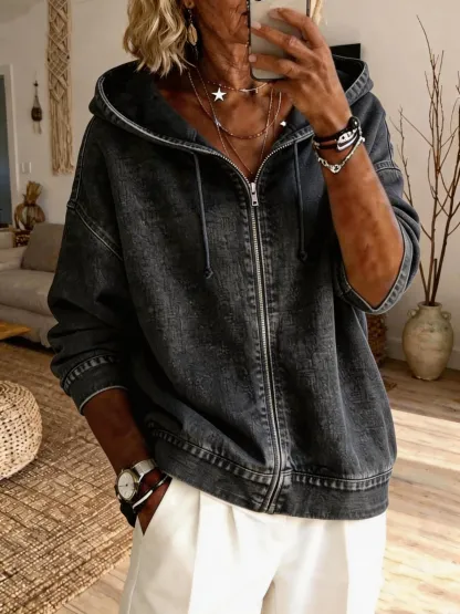 Women's Casual Long-sleeved Hooded Washed Cotton Denim Coat