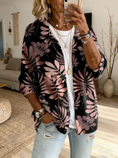 Women's Floral Print Button Comfortable Knit Cardigan