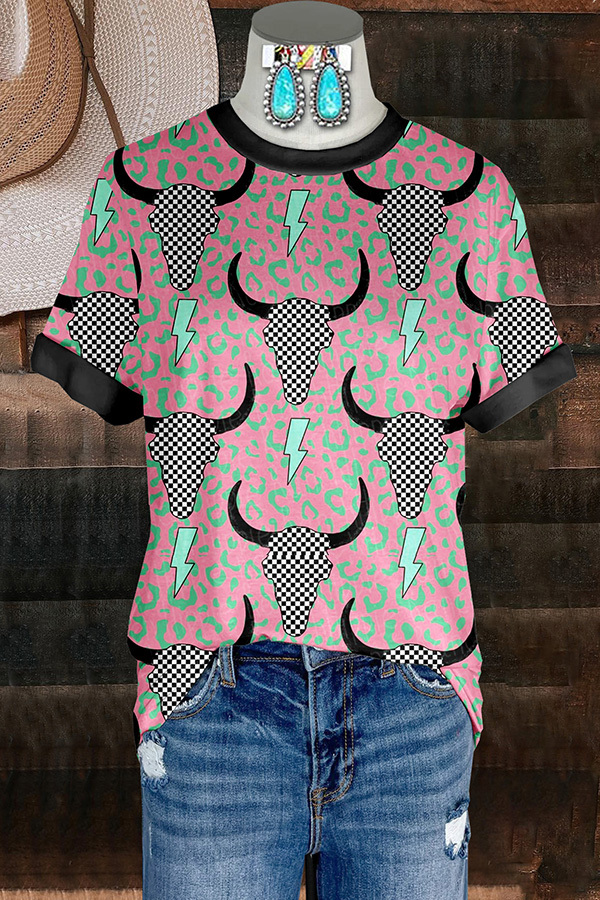 Women's t-shirt | Retro Western Bull Head Lightning Print T-shirt |Website-westernfeelings