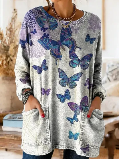 Women's Butterfly Pattern Art Print Casual Long-sleeve Crew Neck Pocket Cotton Denim T-shirt
