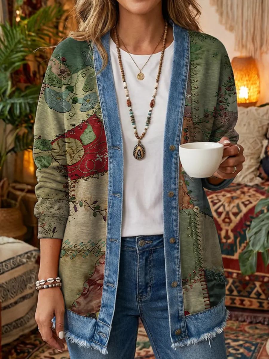 Ethnicity Geometry Patchwork Leaves Women's Art Print Casual Long Sleeve Shirt Coat