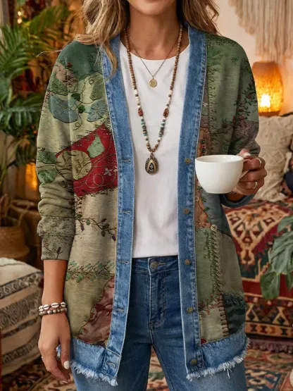 Ethnicity Geometry Patchwork Leaves Women's Art Print Casual Long Sleeve Shirt Coat