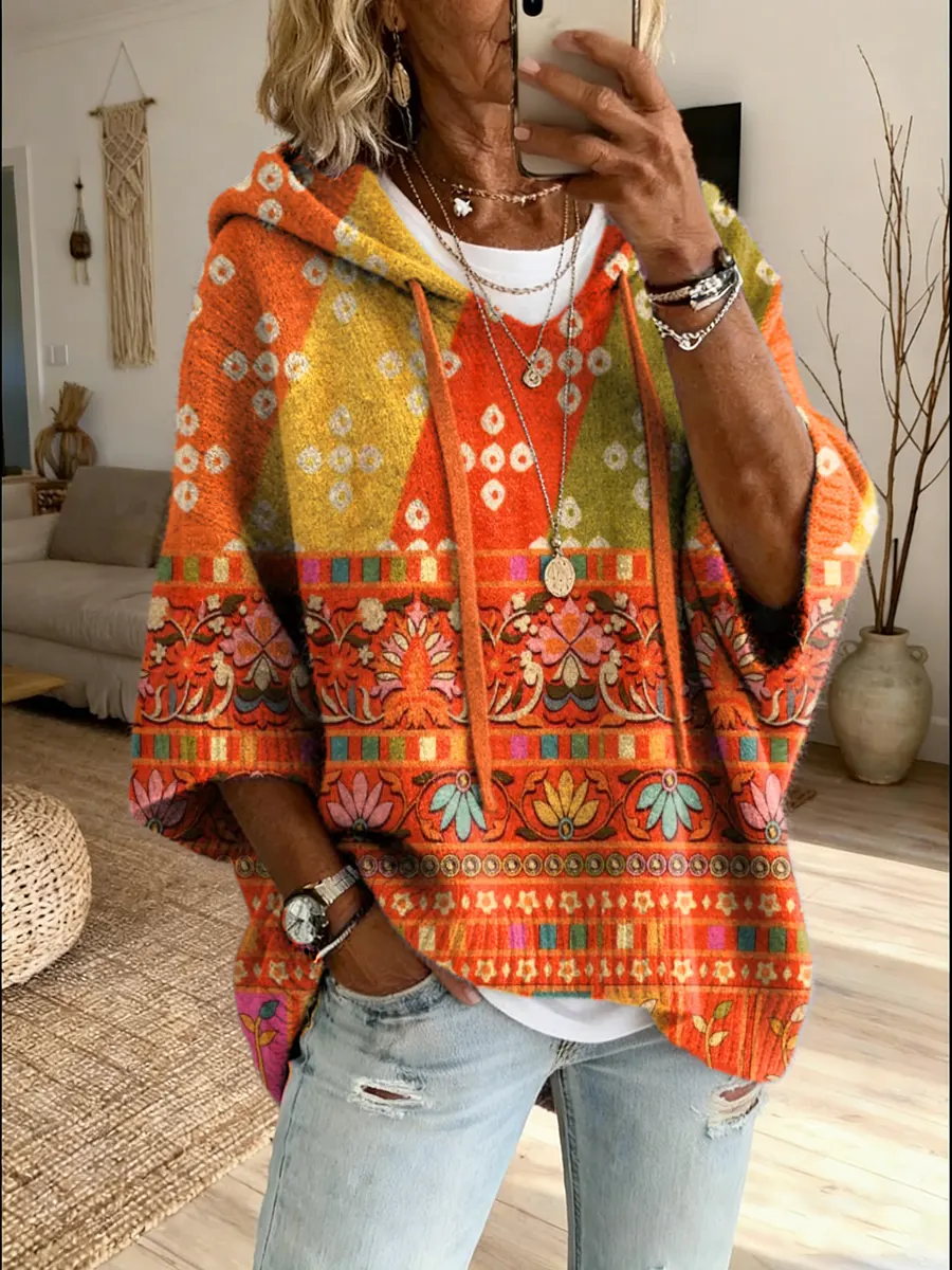 Women's Ethnic Floral Art Print Hooded Knit Sweater