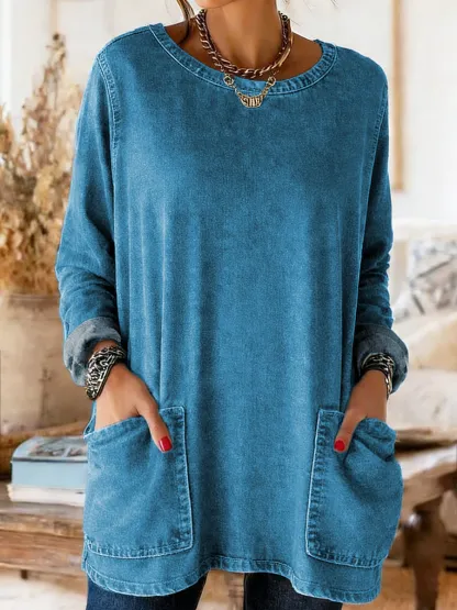 Women's Casual Long-Sleeve Crew Neck Pocket Washed Cotton Denim T-Shirt