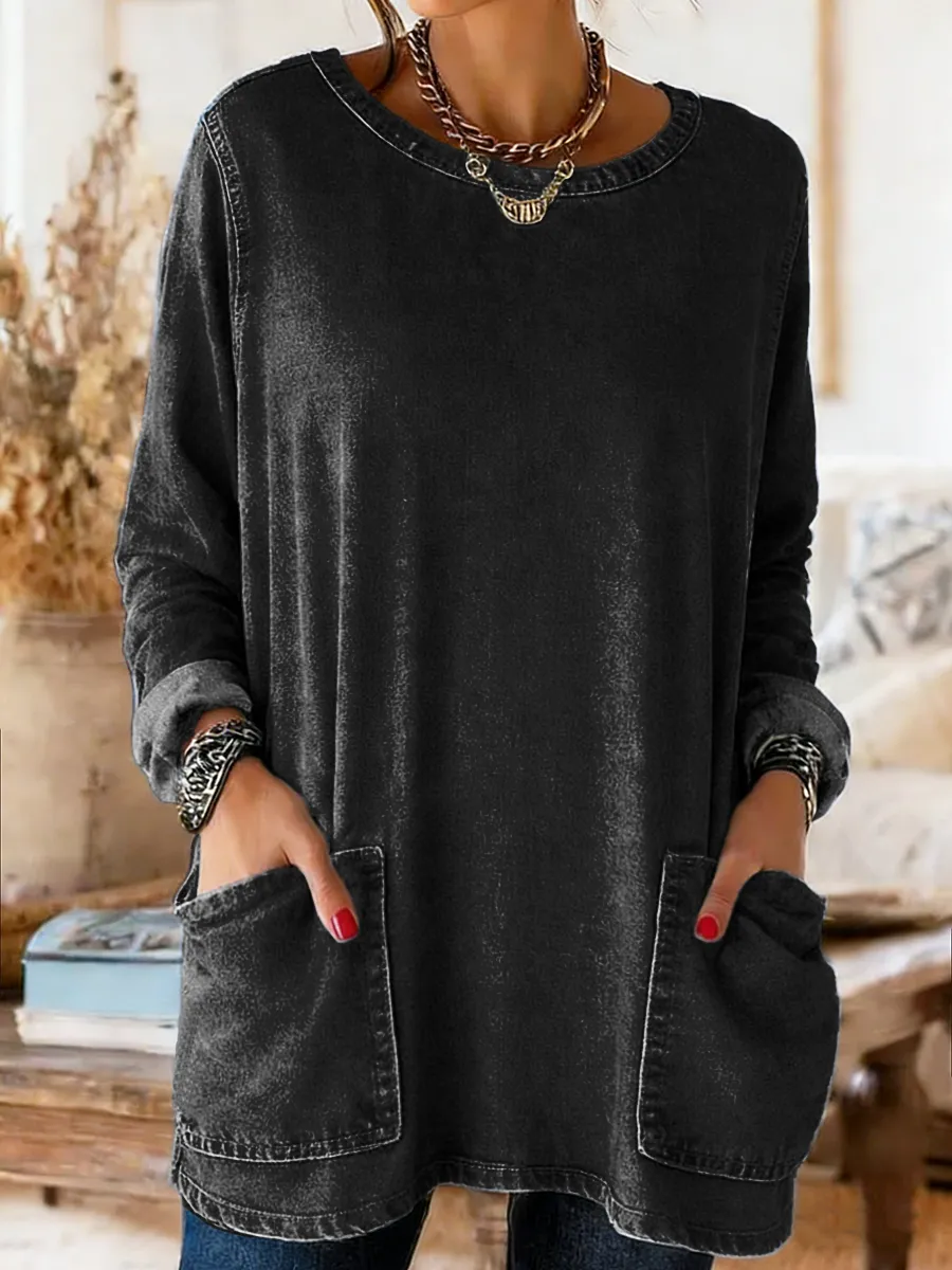 Women's Casual Long-Sleeve Crew Neck Pocket Washed Cotton Denim T-Shir