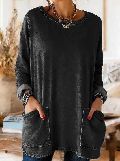 Women's Casual Long-Sleeve Crew Neck Pocket Washed Cotton Denim T-Shirt