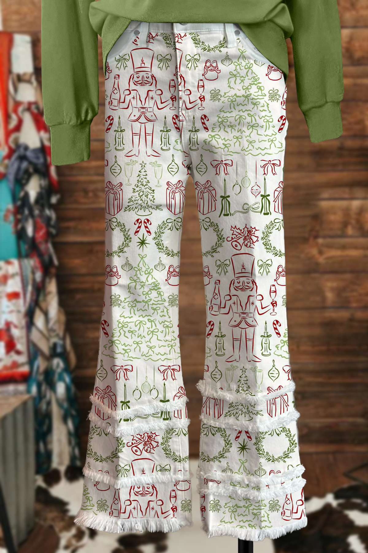 Cute Christmas Tree Raw Hem Pants