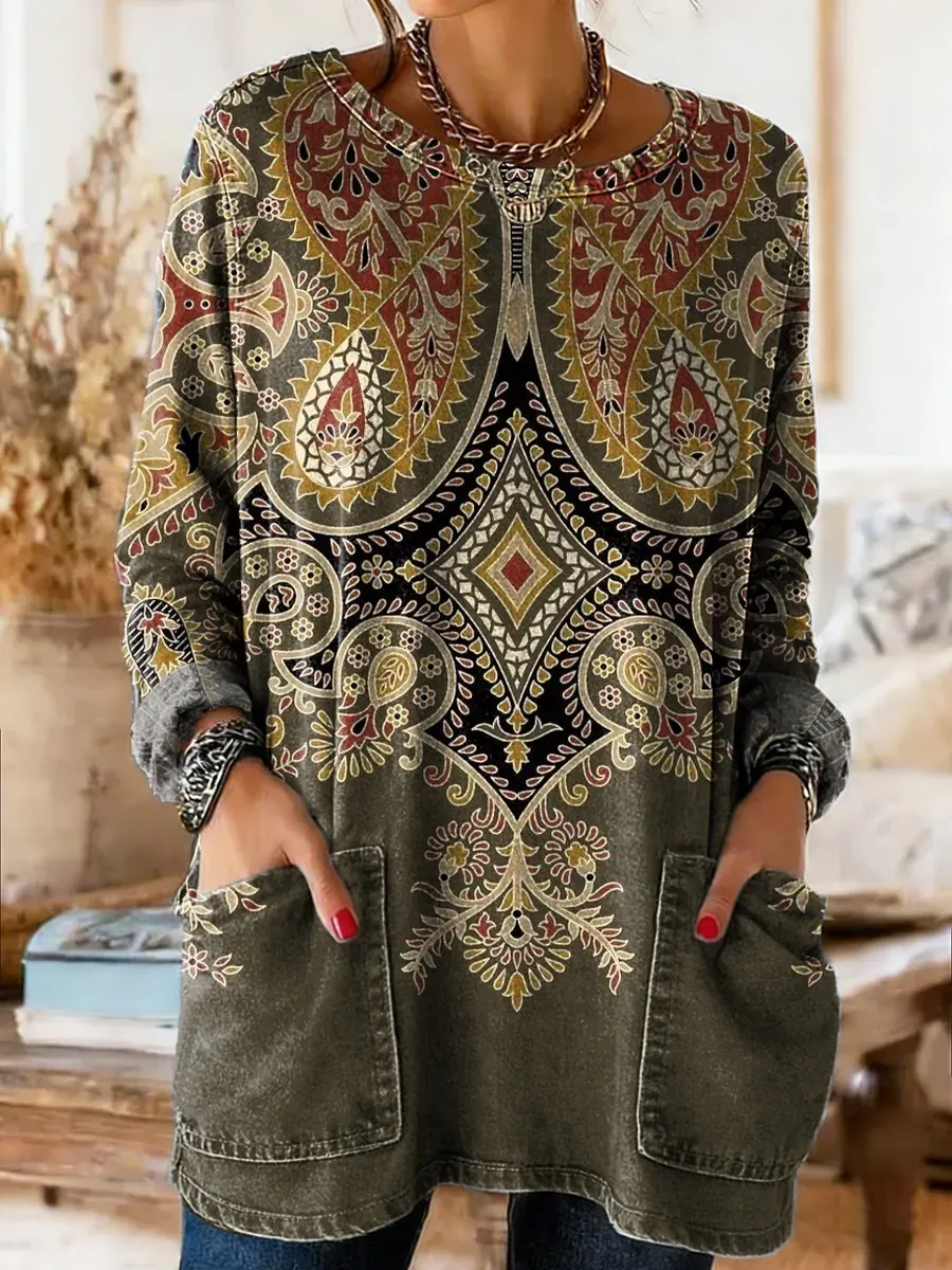 Women's Vintage Ethnic Floral Pattern Art Print Casual Long-sleeved Cr