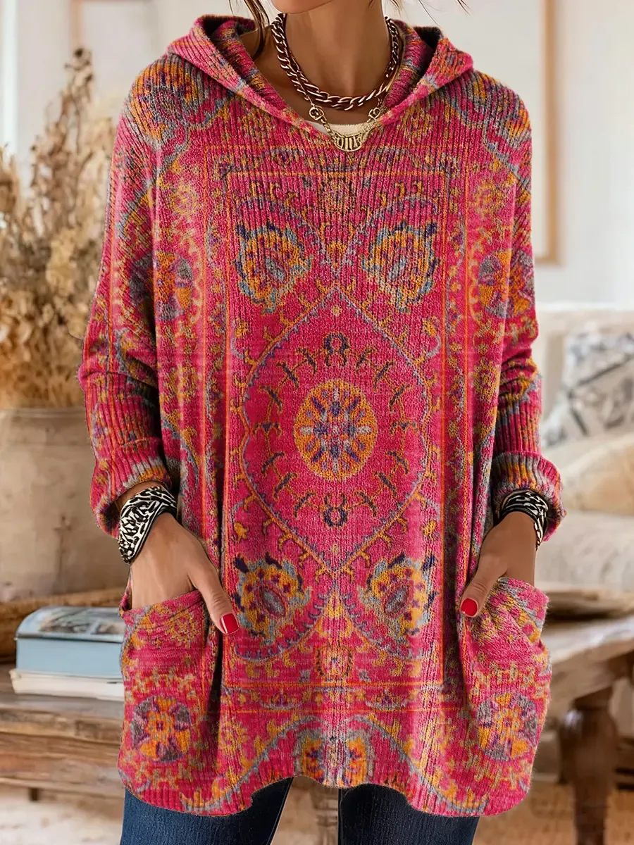 Women's Retro Ethnic Totem Art Print Casual Knitted Pocket Hooded Tunic Top
