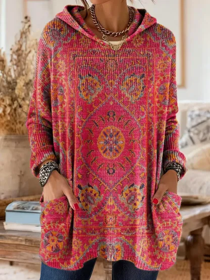 Women's Retro Ethnic Totem Art Print Casual Knitted Pocket Hooded Tunic Top
