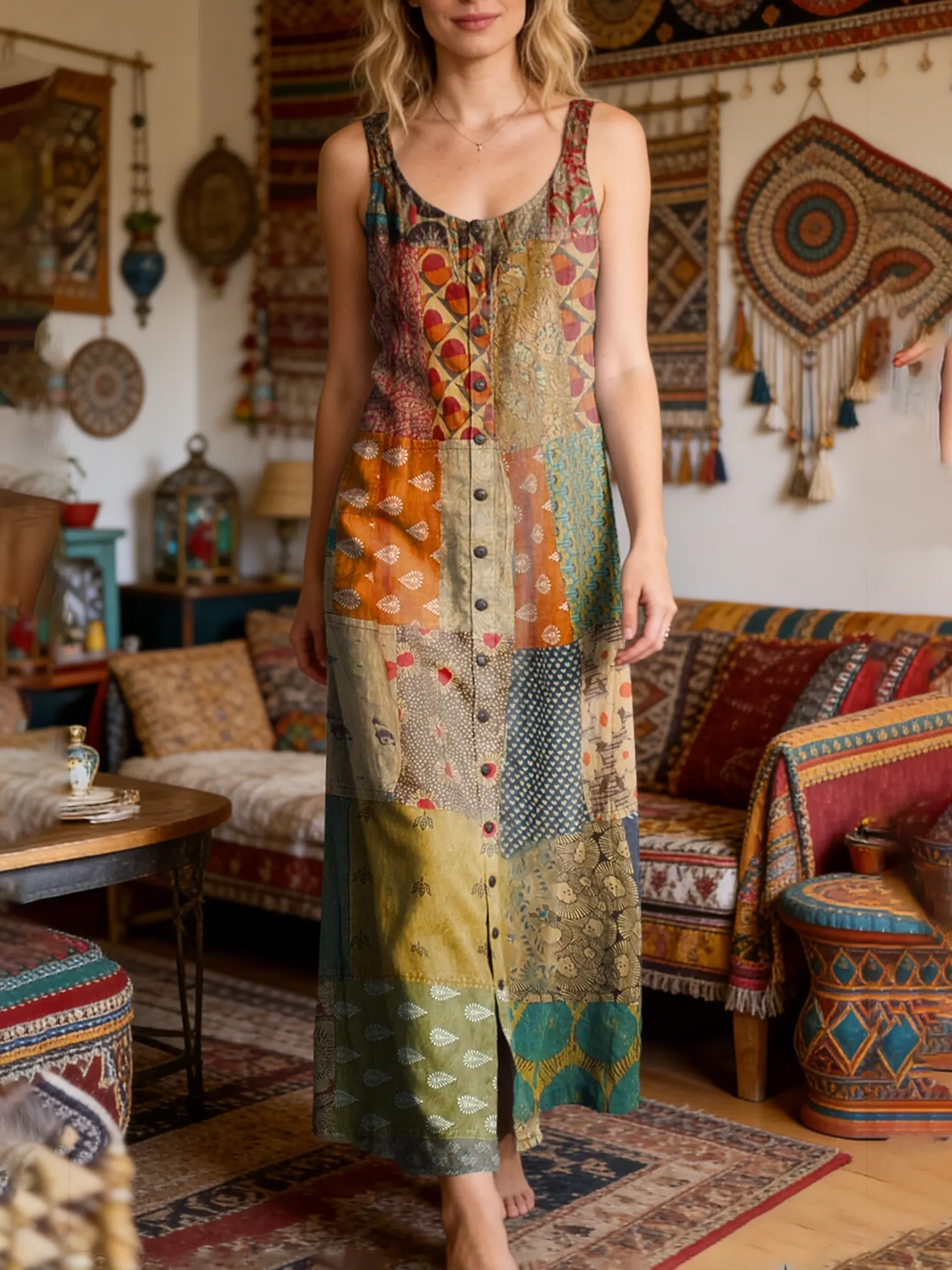 Women's Bohemian Floral Patchwork Art Print Sleeveless Button-up Dress