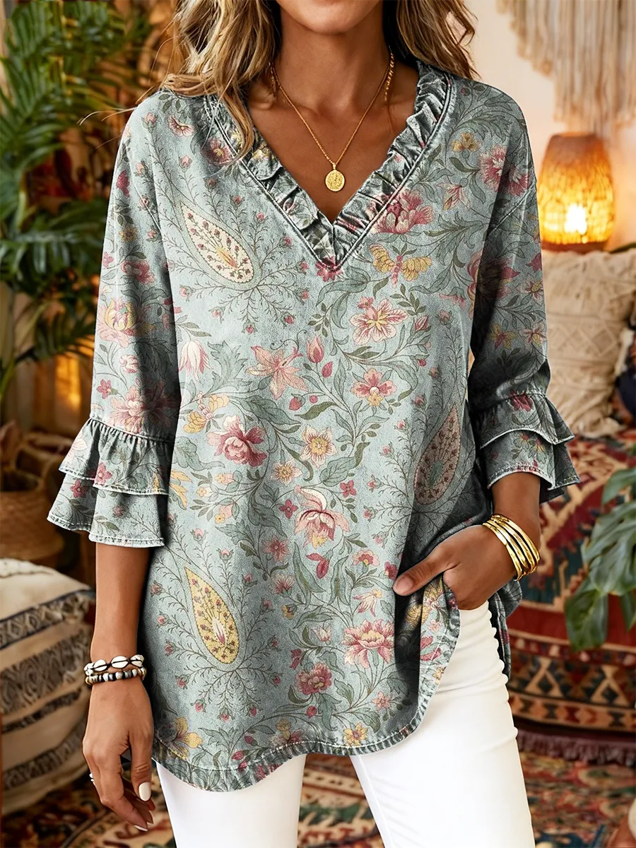 Women's Retro Bohemian Floral Art Print Casual Ruffle Washed Cotton De