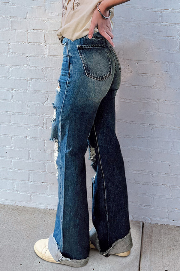 Vintage Wash Distressed Wide-Leg Jeans
