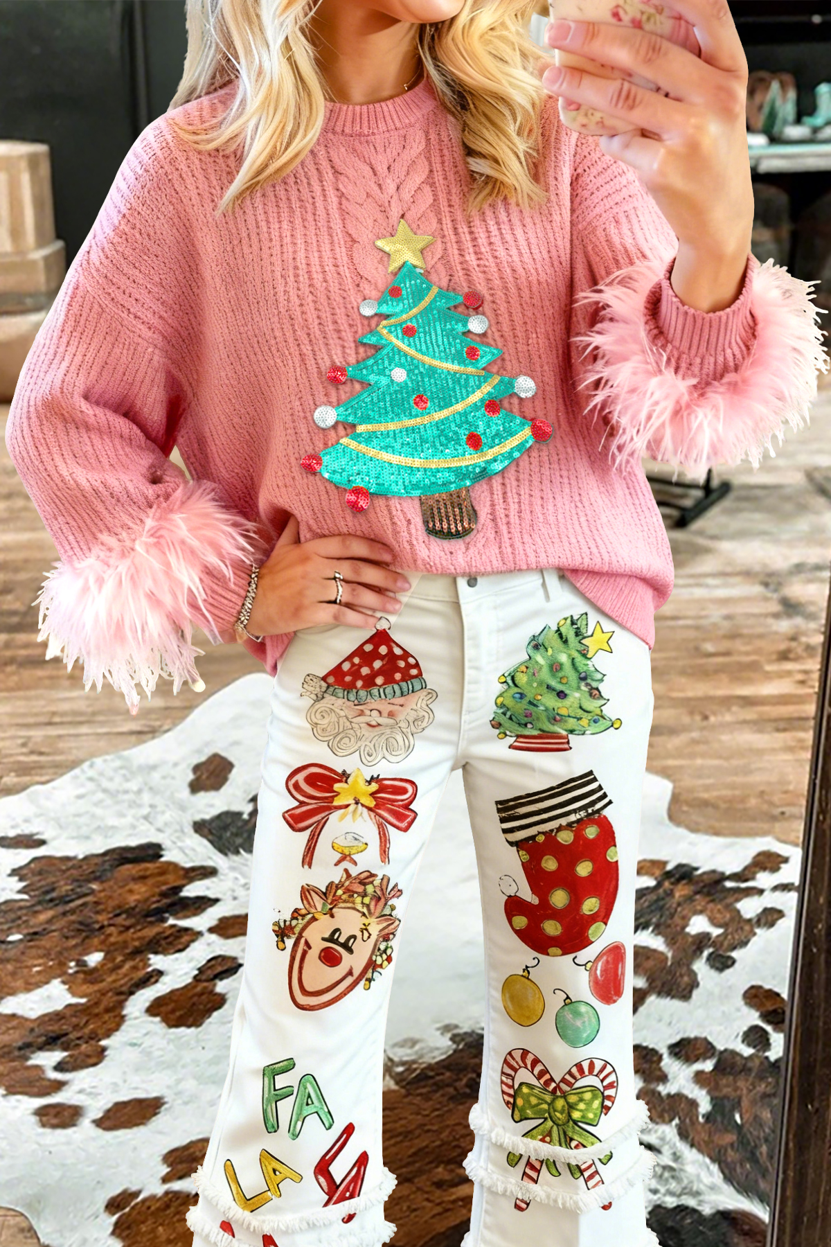 Sweet Christmas Tree Sequin Turkey Feather Sweater