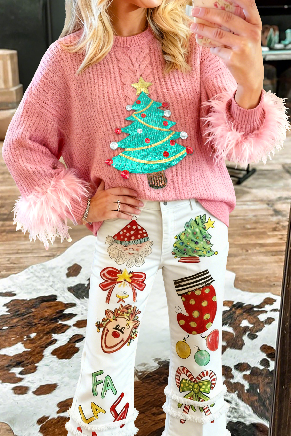 Sweet Christmas Tree Sequin Turkey Feather Sweater