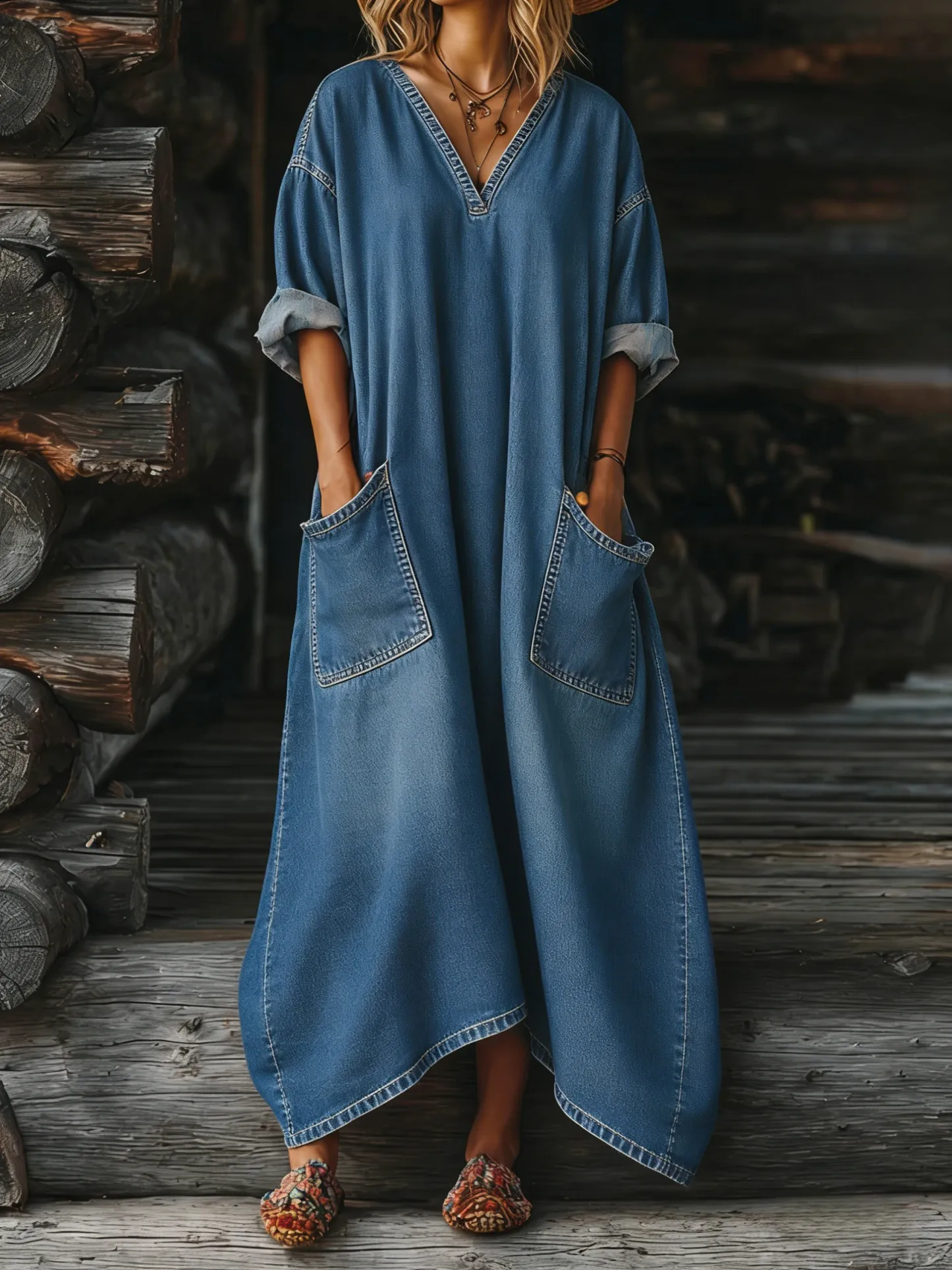 Women's Casual Long-sleeved V-neck Washed Cotton Denim Dress