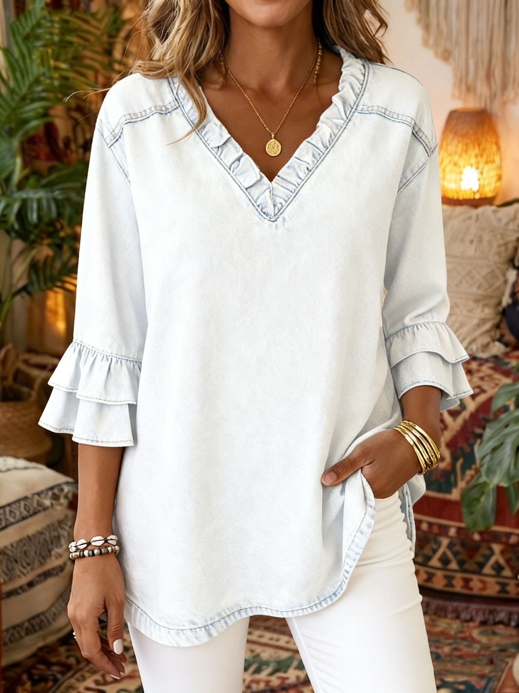 Women's Casual Ruffled Washed Cotton Denim Top