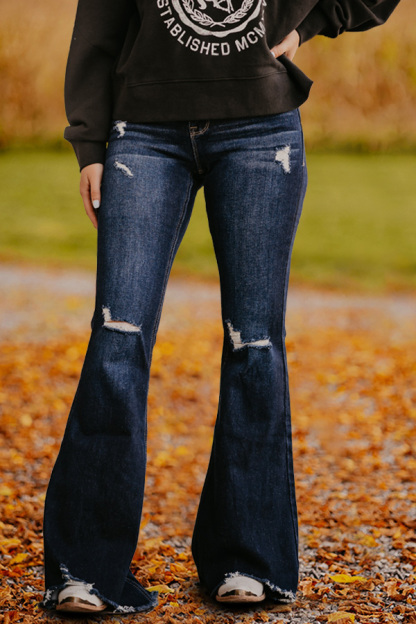 Dark Blue Distressed Flared Jeans
