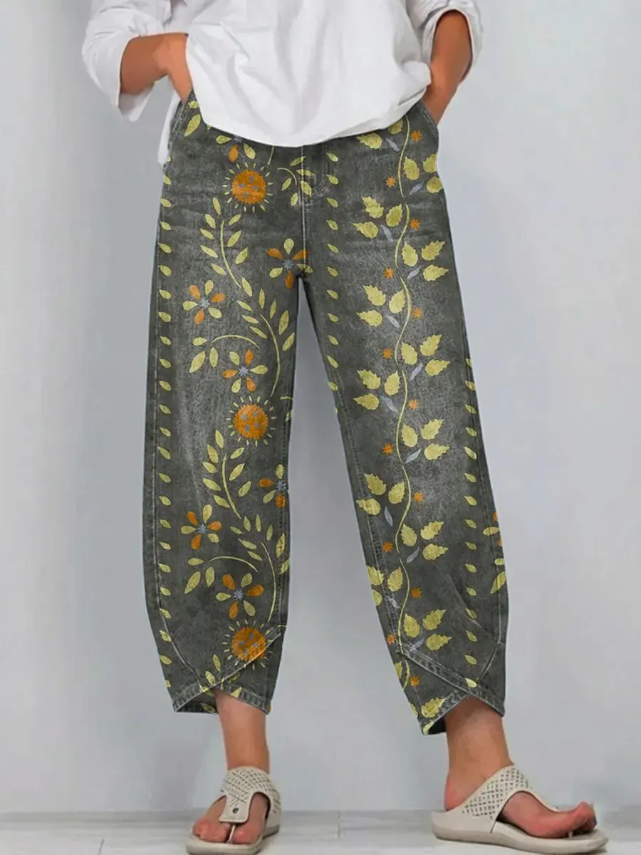 Women's Vintage Floral Art Print Jeans
