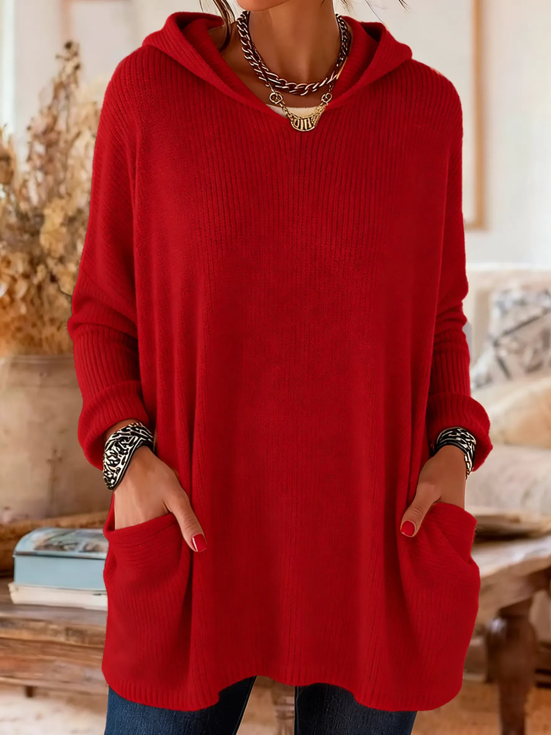 Women's Casual Knitted Pocket Hooded Tunic Top