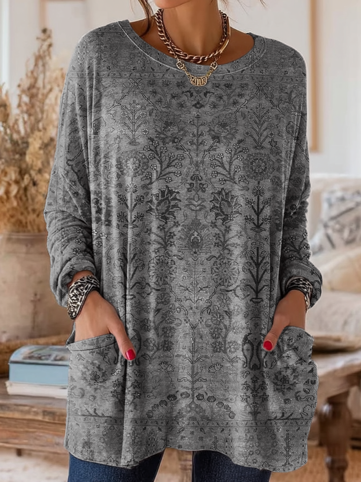 Women's Retro Ethnic Art Print Casual Long-Sleeve Round Neck Cotton T-Shirt