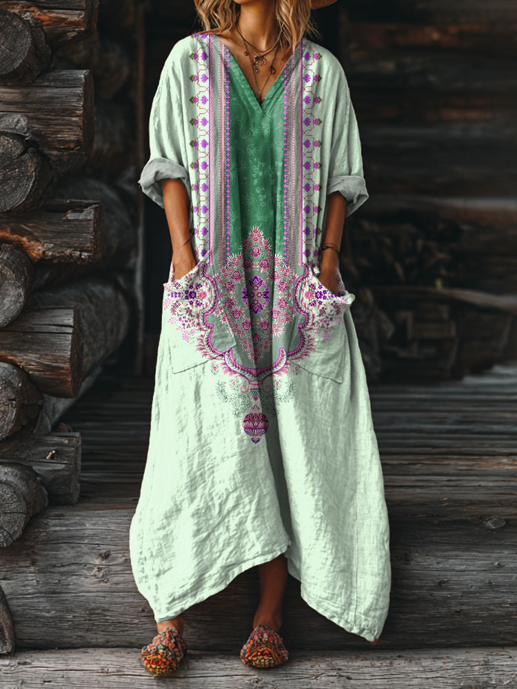 Women's Vintage Ethnic Embellished Patterns Art Printed Pockets V-Neck Cotton Dresses