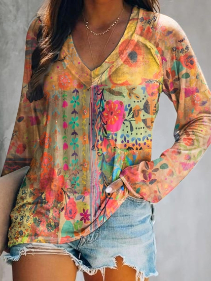 Women's Vintage Watercolor Flower Collage Art Print Casual Cotton And Linen Shirt