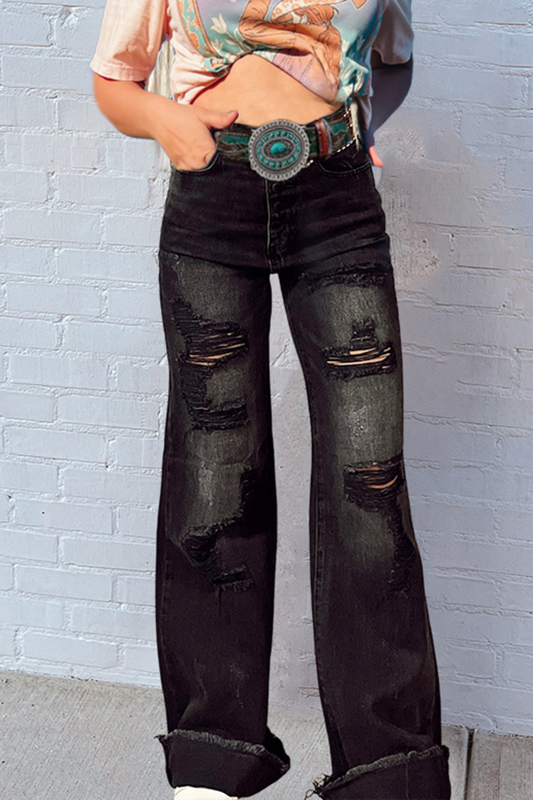 Vintage Wash Distressed Wide-Leg Jeans