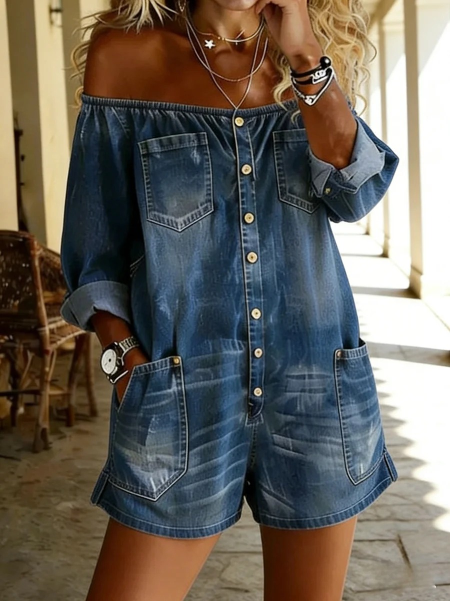 Women's Casual Long-sleeved Washed Cotton Denim Jumpsuit Shorts