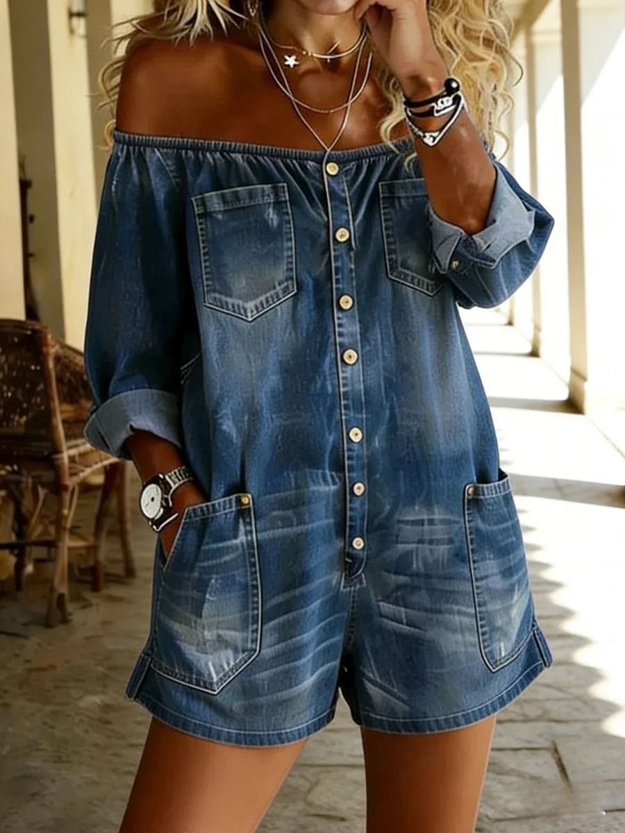 Women's Casual Long-sleeved Washed Cotton Denim Jumpsuit Shorts