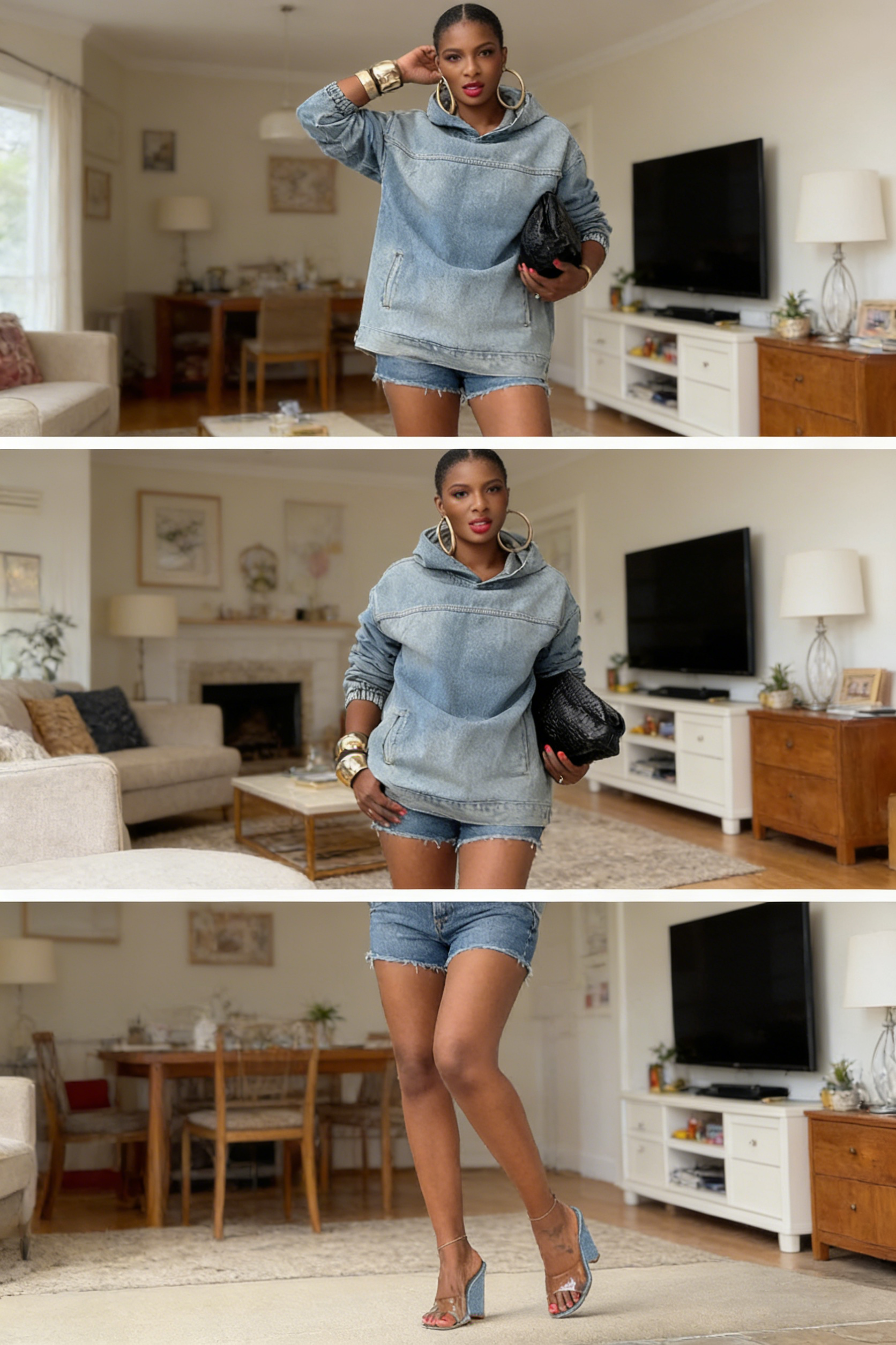 Versatile Pocket Design Light Washed Denim Hoodie