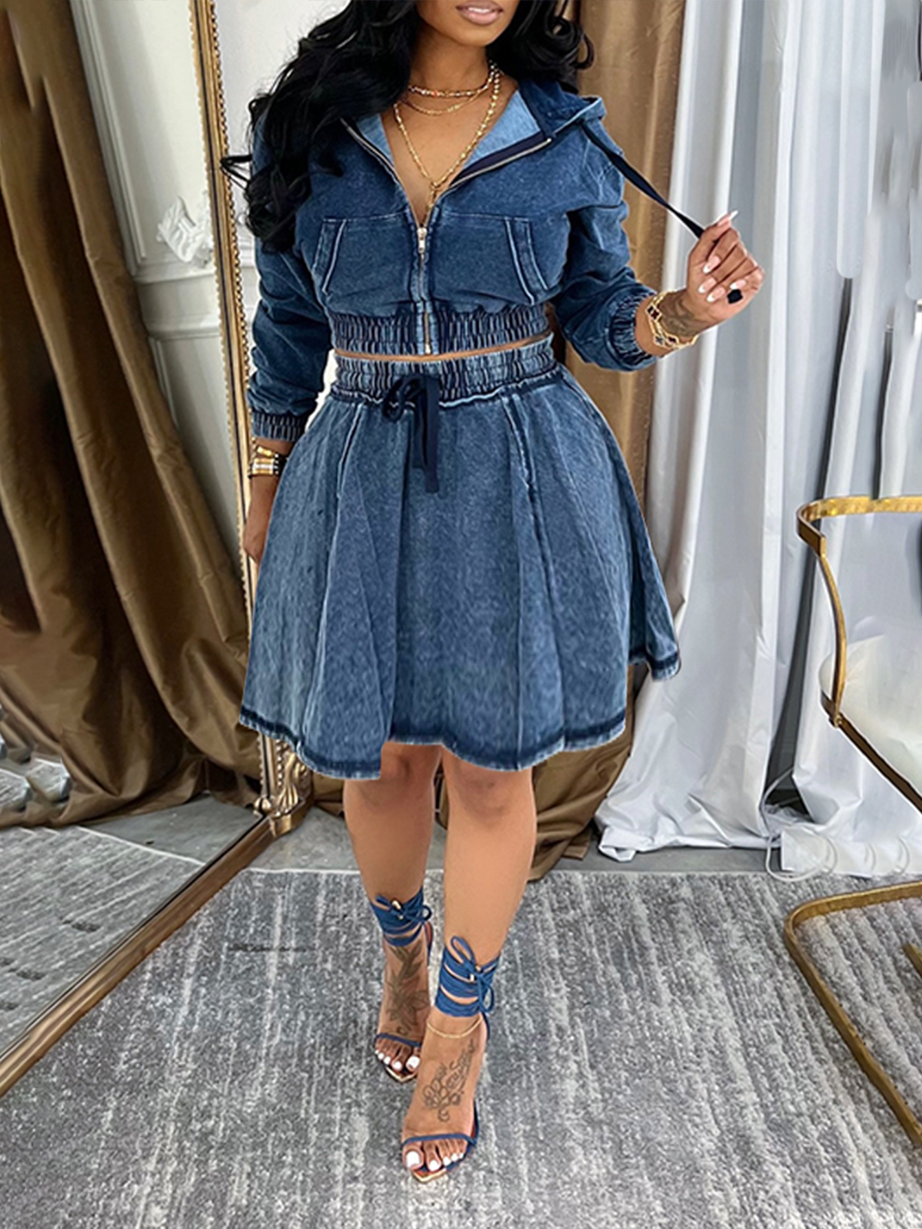 Casual Hooded Denim Jacket & Skirt Set