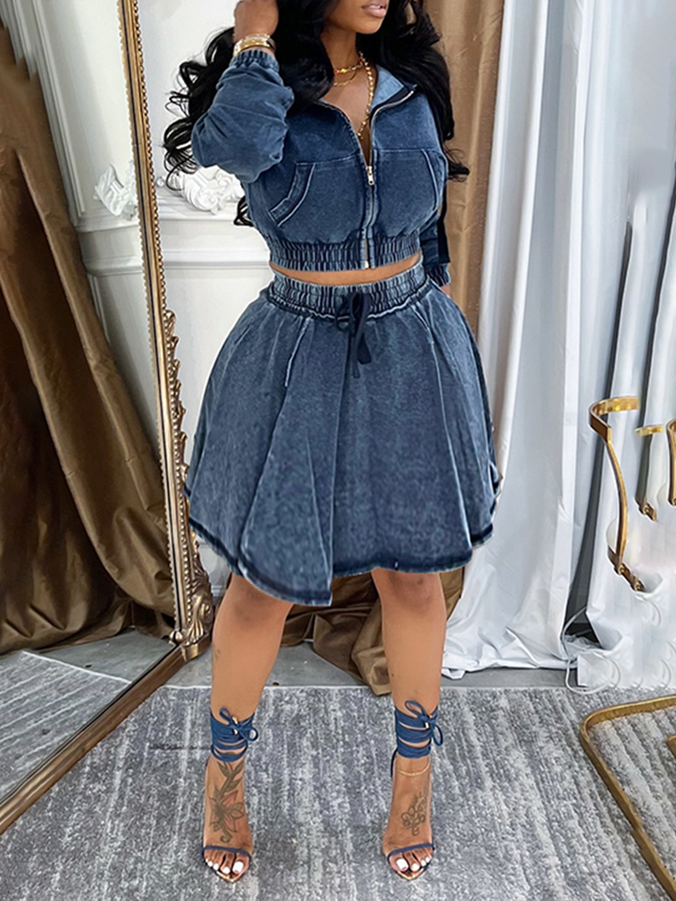 Casual Hooded Denim Jacket & Skirt Set
