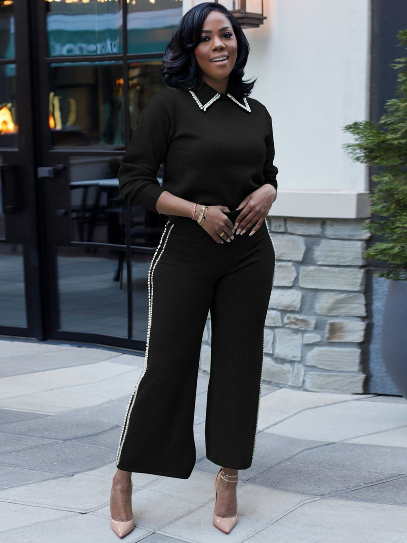 Fashion Pearl Lapels Top & Pants Set