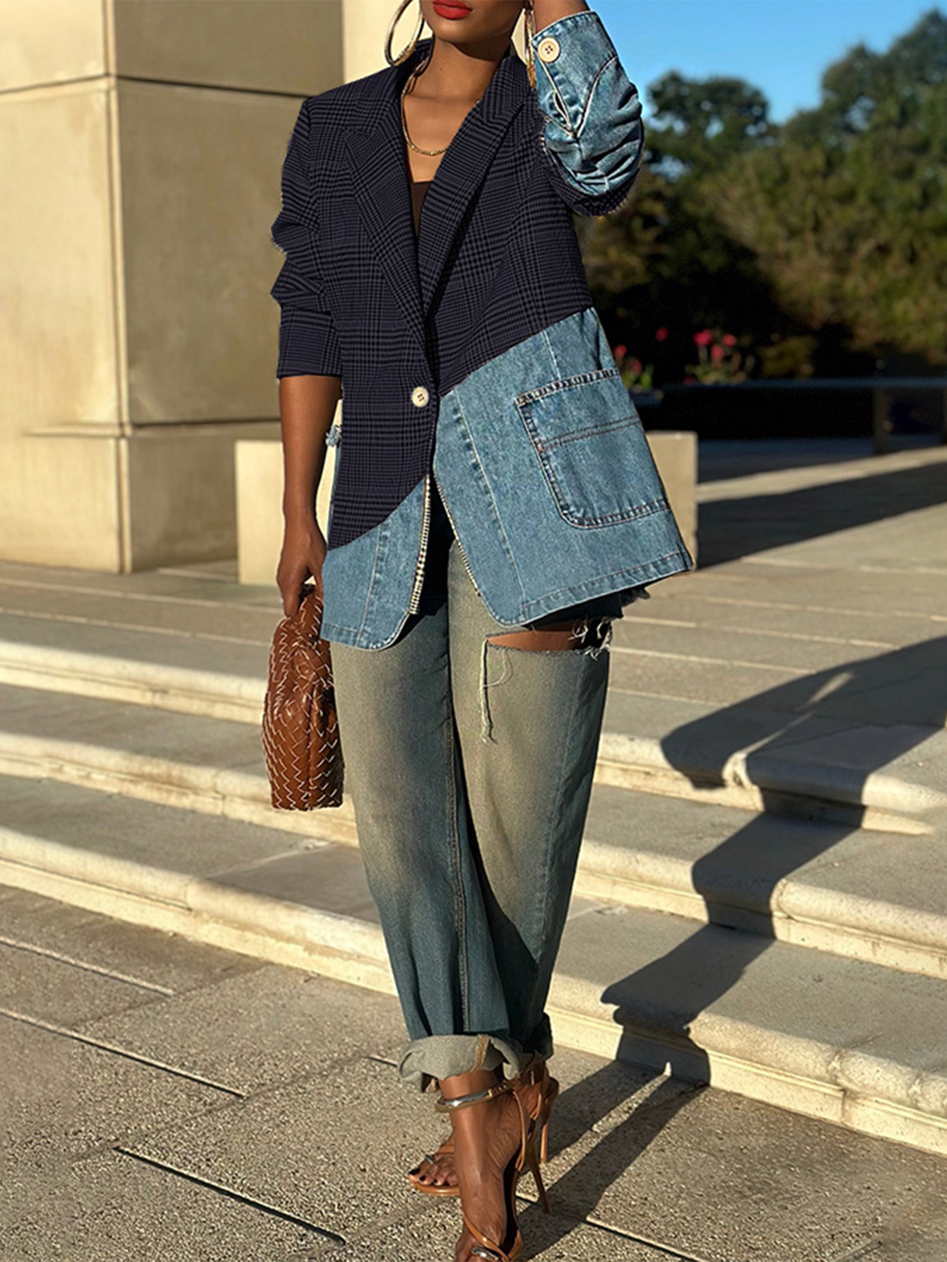 Chic Plaid Denim Splicing Button Back Blazer