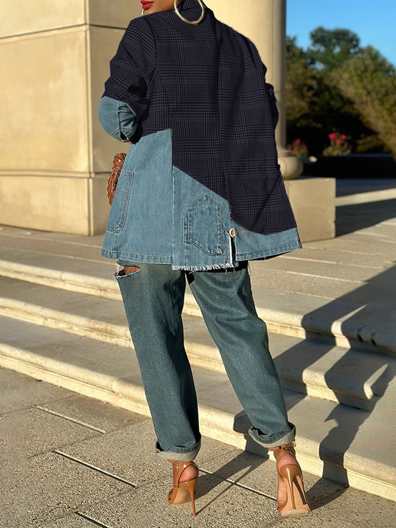 Chic Plaid Denim Splicing Button Back Blazer