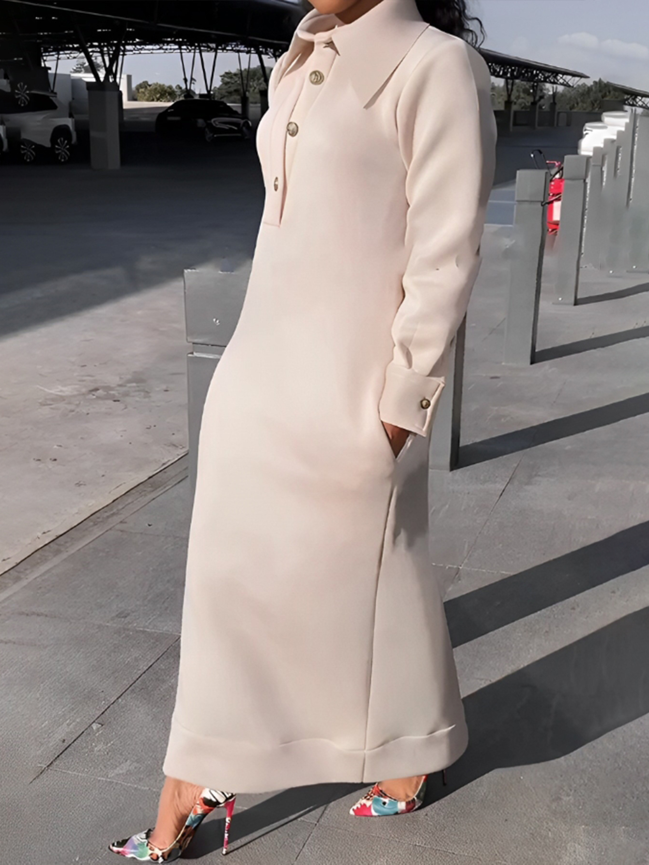 Casual Solid Half Button Dress