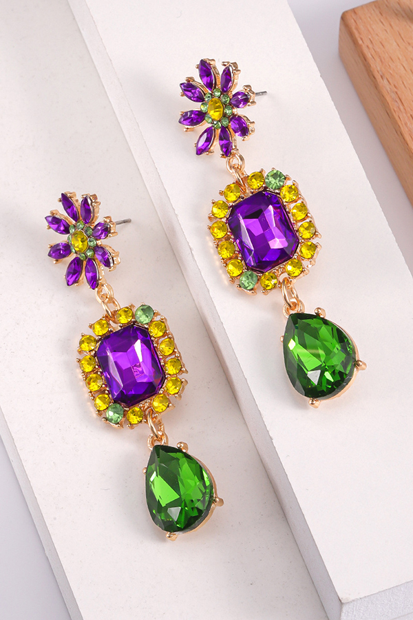 Mardi Gras Classic Three Color Rhinestone Earrings